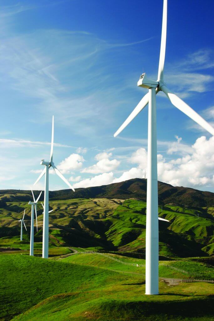 Wind farm on top of green hills